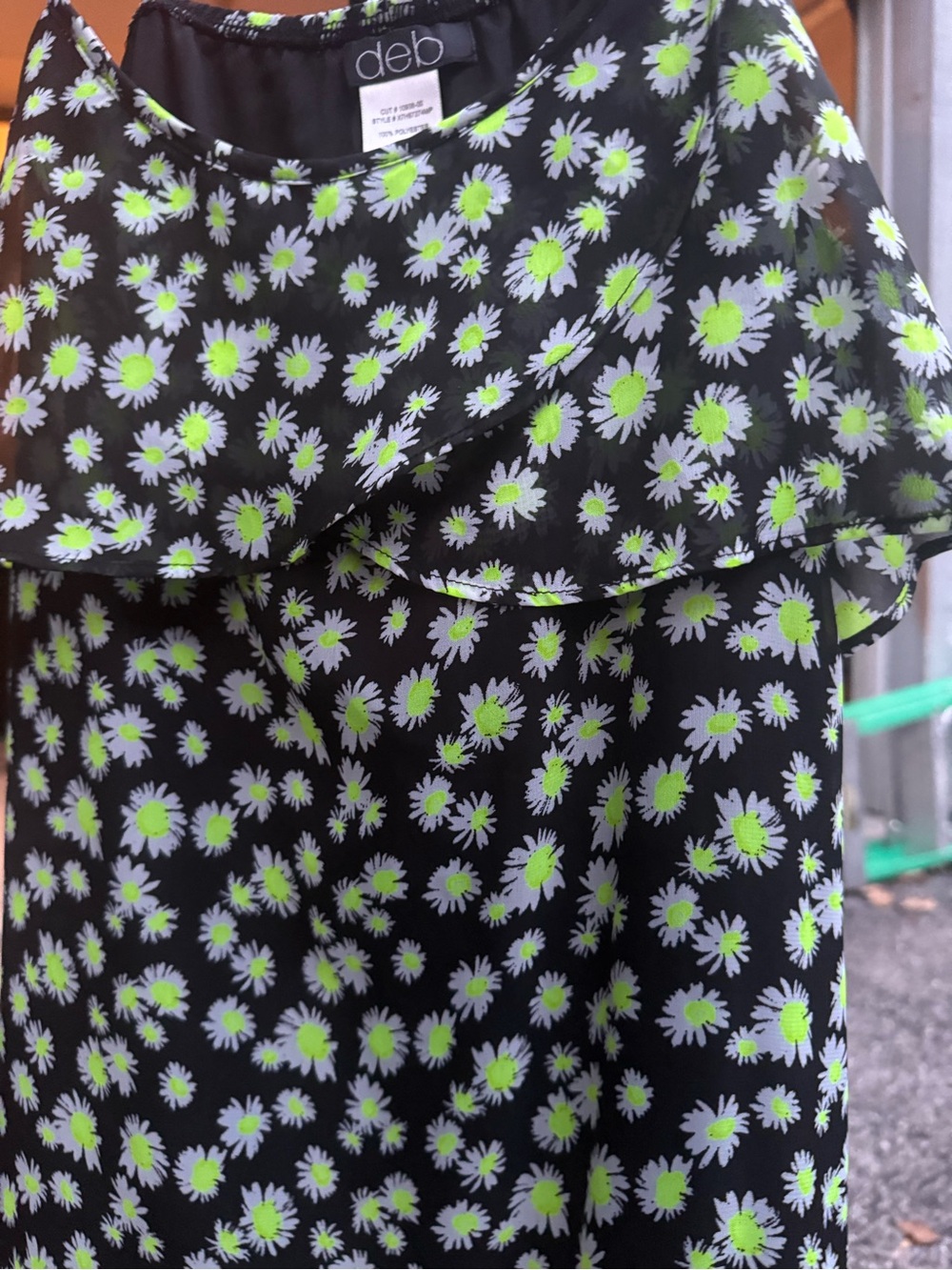 deb Black Daisy Print Girls' Ruffle Neck Dress - Neon Green & White